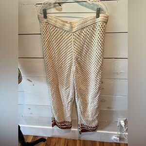 Ultra Pink Anthropologie crochet Cream and Brown Patterned Pants, size XL, EUC